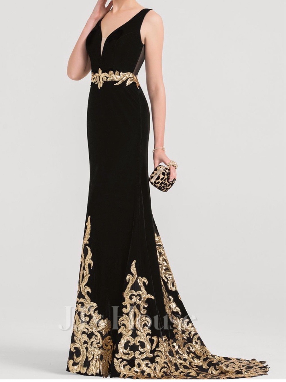 JJs House Black Velvet Evening Gown with Gold Embellishments - Picture 2 of 6